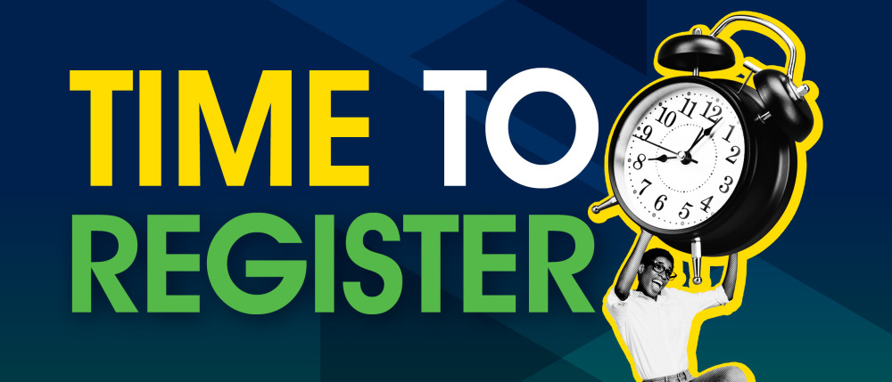 Time to register with a man holding an alarm clock above head