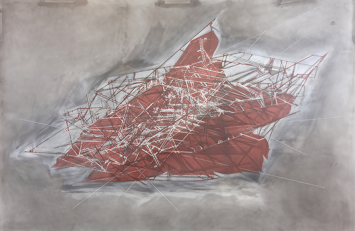 A mixed media art piece of lines and a large red shape, similar to the shape of a paper airplane, on a blurred gray background.