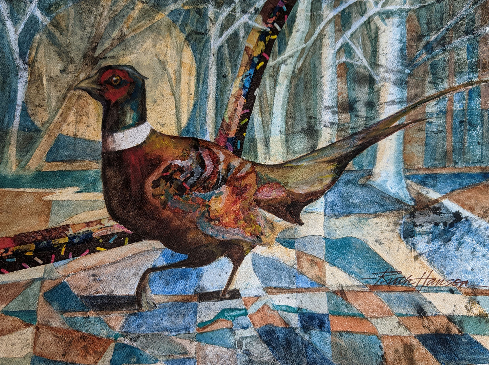 "Pheasant Run" watercolor batik by Otter Tail County artist Ruth Hanson. 