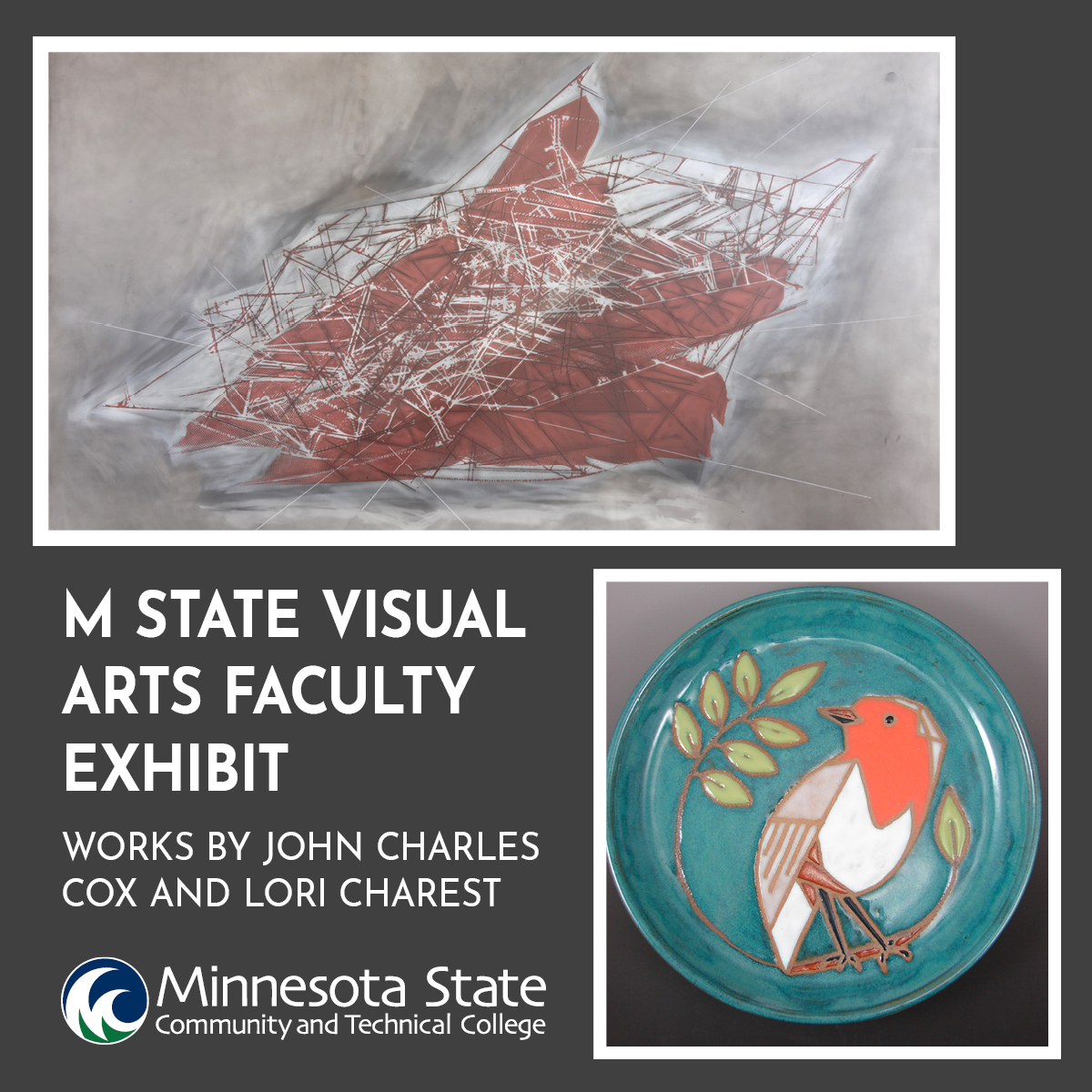 A graphic/combined image of artwork by M State faculty members John Cox and Lori Charest