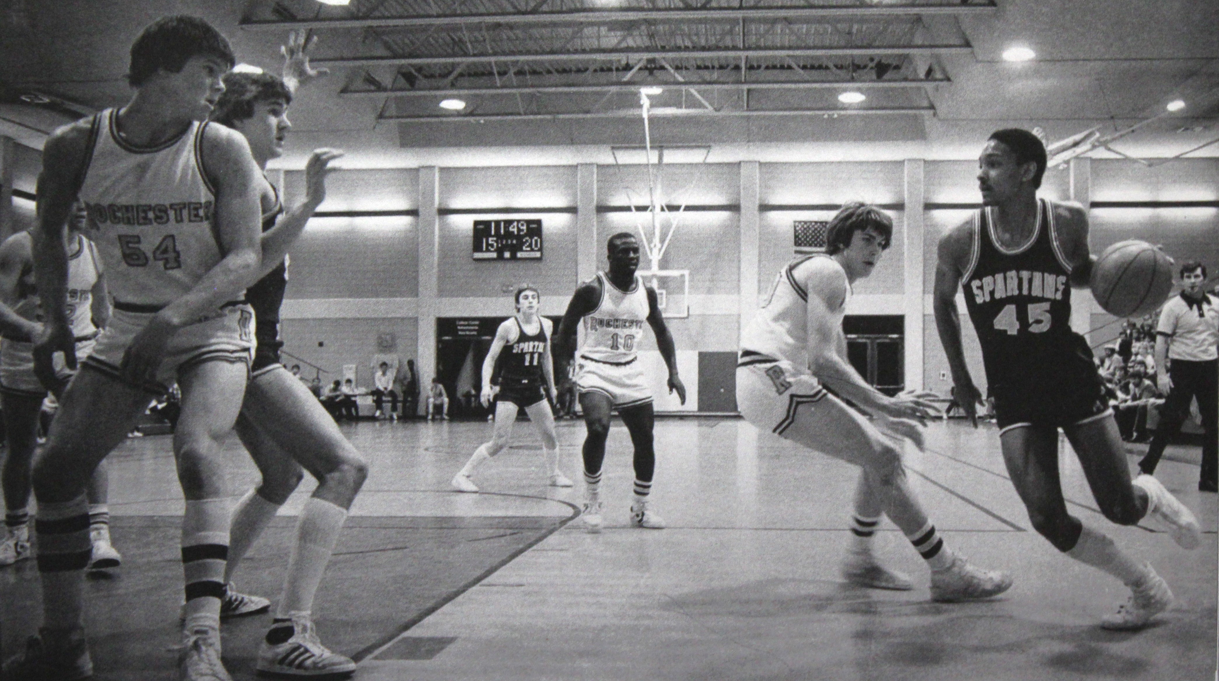 The Spartan basketball team plays a game in 1983