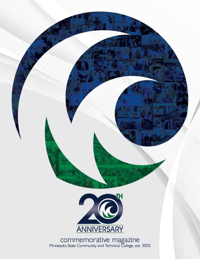 M State 20th Anniversary Magazine Cover with Circle logo with images in background