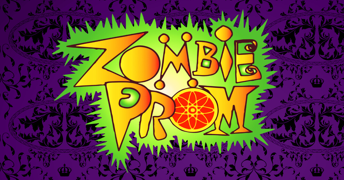 Bright purple, green and orange 'Zombie Prom' banner graphic, with a '50s-era nuclear waste theme