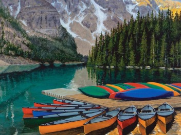 A painted scene of colorful canoes lined up at a dock on a mountain lake