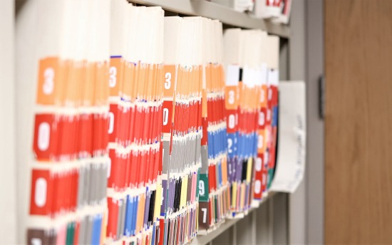 Numbered file folders on an office shelf