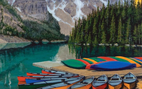 A painted scene of colorful canoes lined up at a dock on a mountain lake