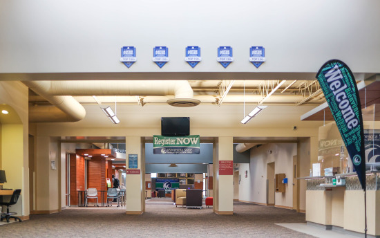 The front desk and entrance to the campus bookstore