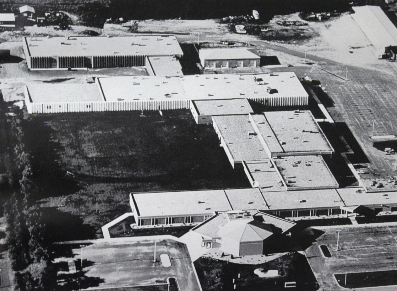 Black and white aerial view of campus