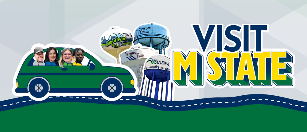 Car driving by four watertowers. The watertowers are Moorhead, Fergus Falls, Detroit Lakes and Wadena. There is text with the words "Visit M State".