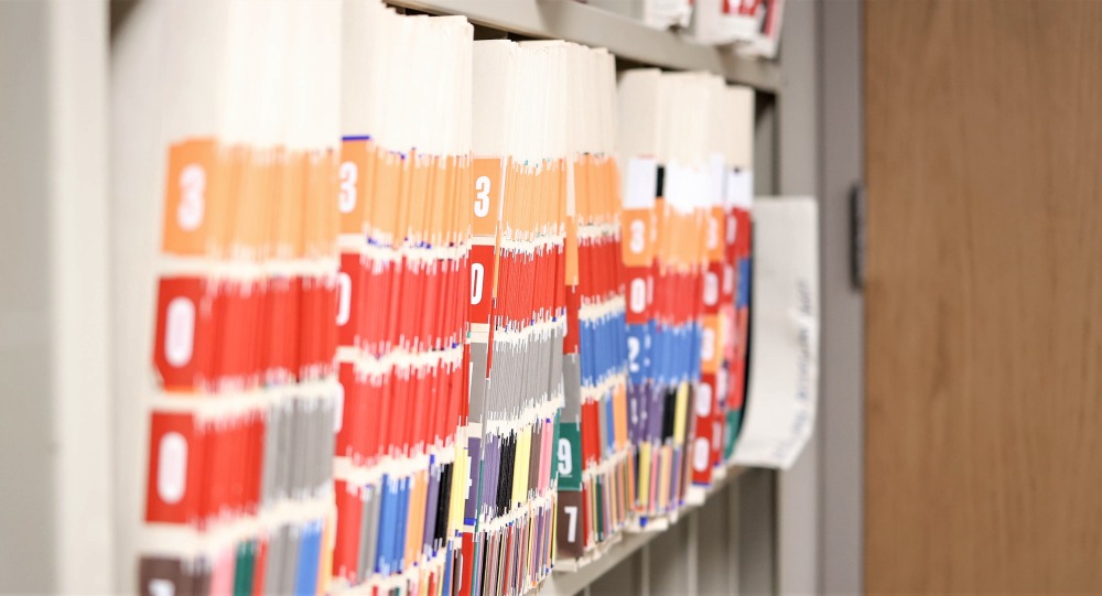 Numbered file folders on an office shelf